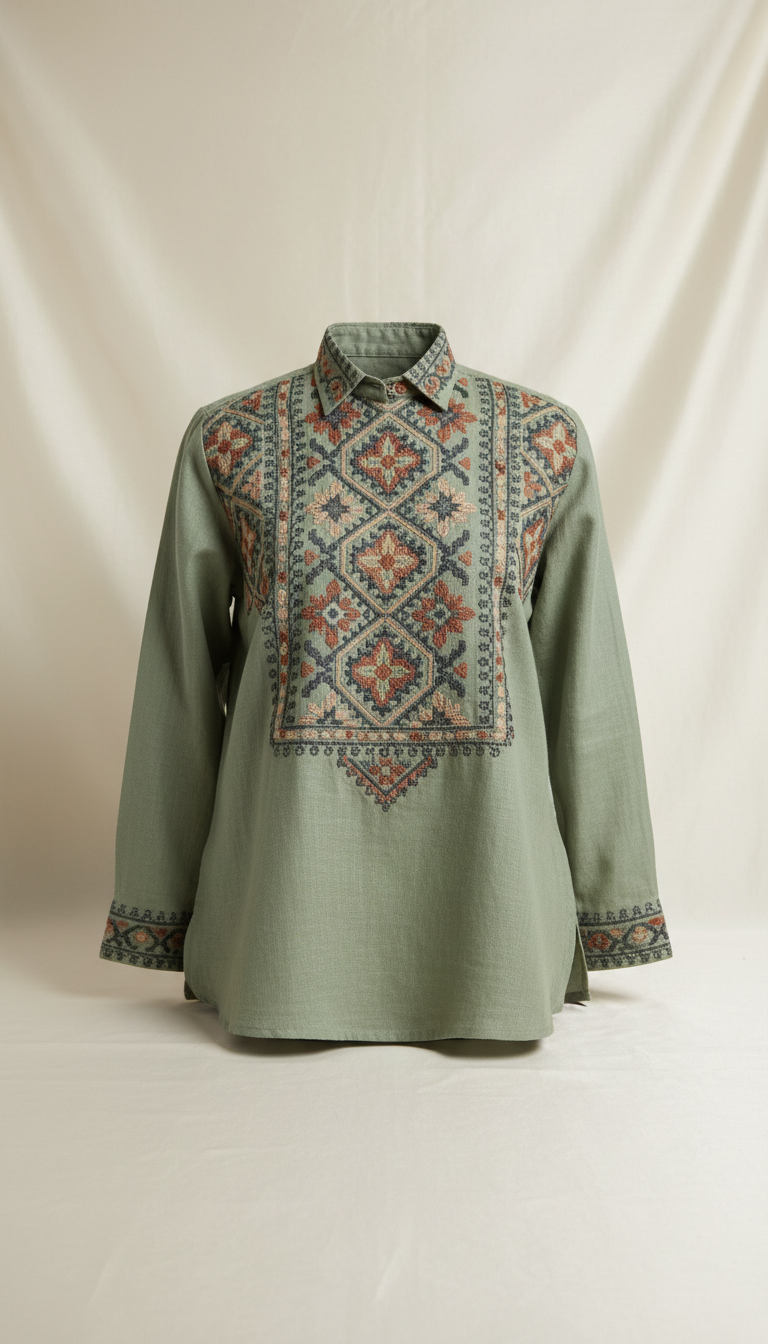 Sage Accent Linen Shirt With Telugu Embroidery